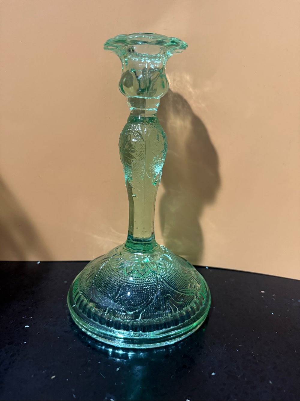 Candle Stick Indiana Glass - Tiara Sandwich Pattern Green - 9”